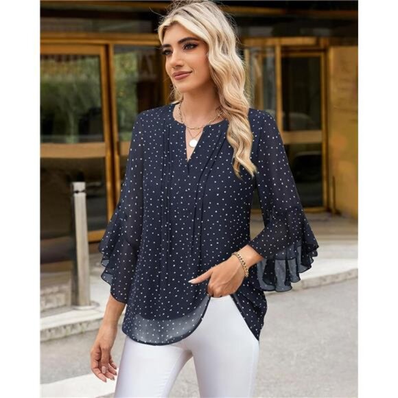 Elegant 3/4 Sleeve Chiffon Blouse – Ruffle Detail Dressy Top for Work - Picture 3 of 5
